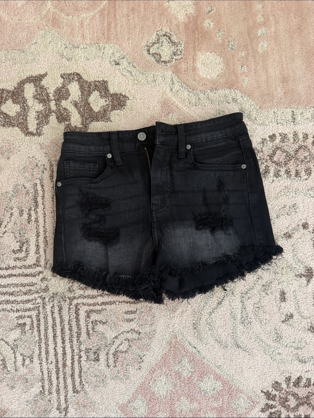 eunina Black Distressed Denim Shorts with Frayed Hem